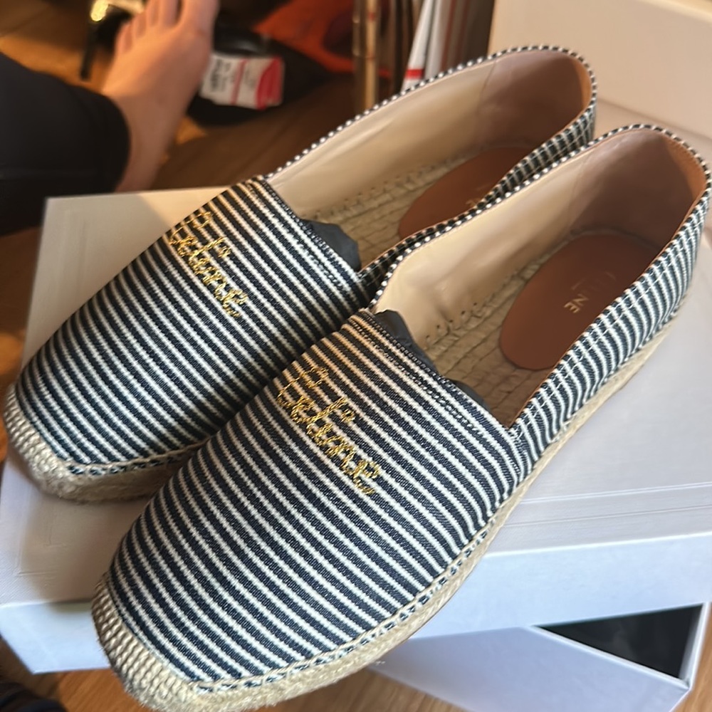 celine espadrille 40 stripped navy white gold cute summer vacation - Picture 1 of 7